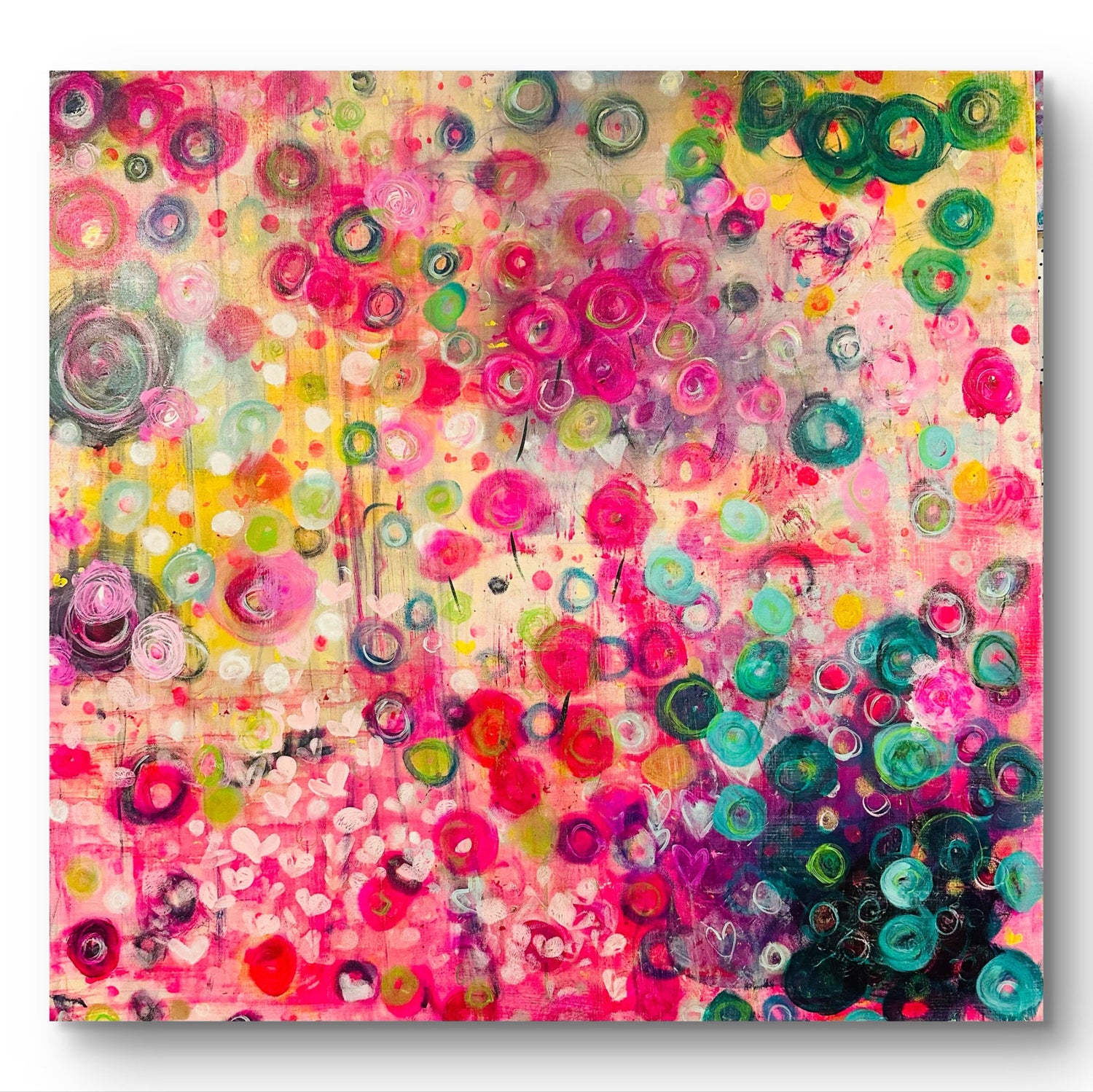 Colorful abstract art with pink, green, and multicolor patterns on a white background