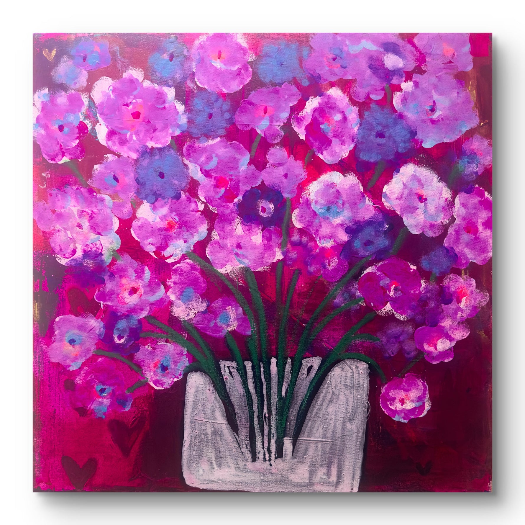 Painting of pink flowers in a vase on a red background