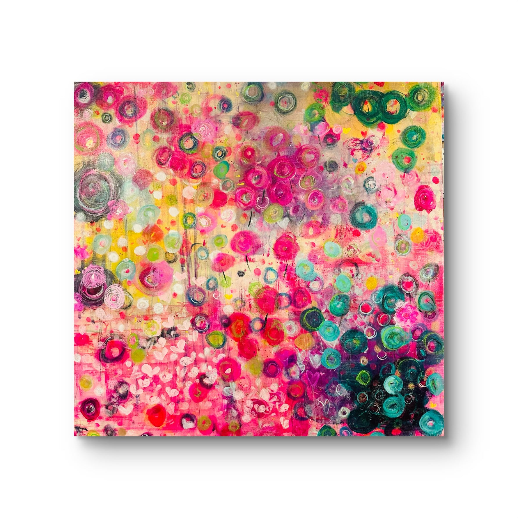 Abstract art piece with colorful circles and patterns on a white background