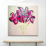 Floral painting with pink and black flowers on a light background