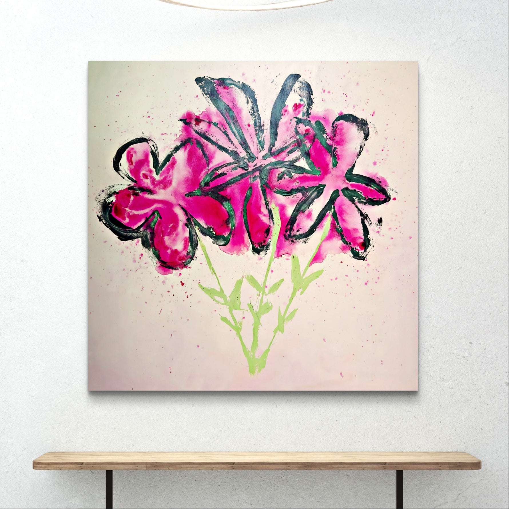 Floral painting with pink and black flowers on a light background