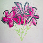 Artistic depiction of pink flowers with green stems on a white background