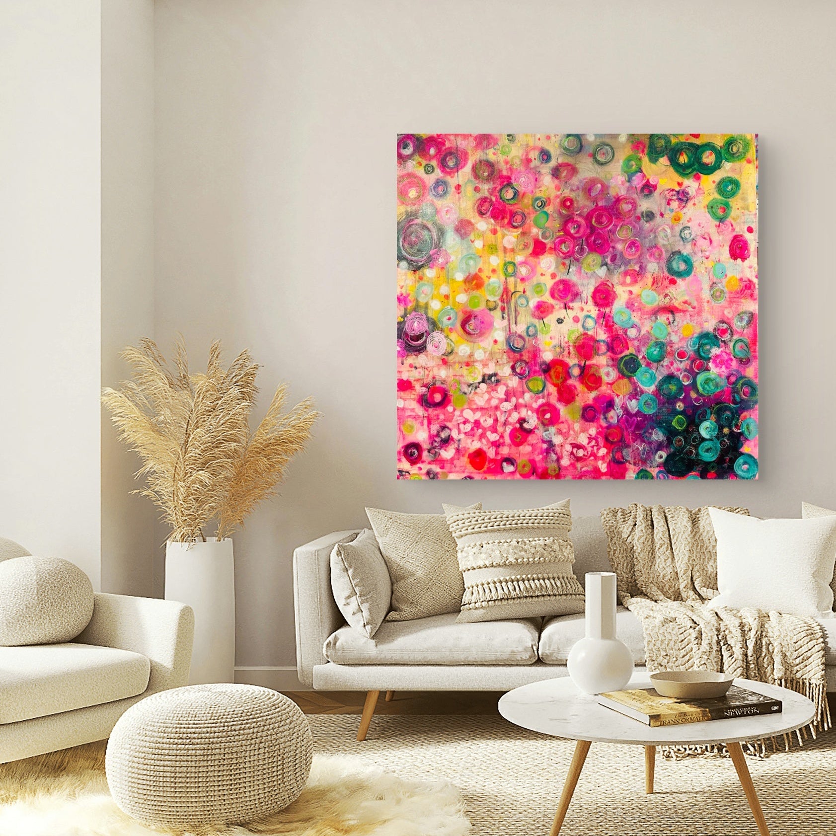 Living room with a colorful abstract painting on the wall